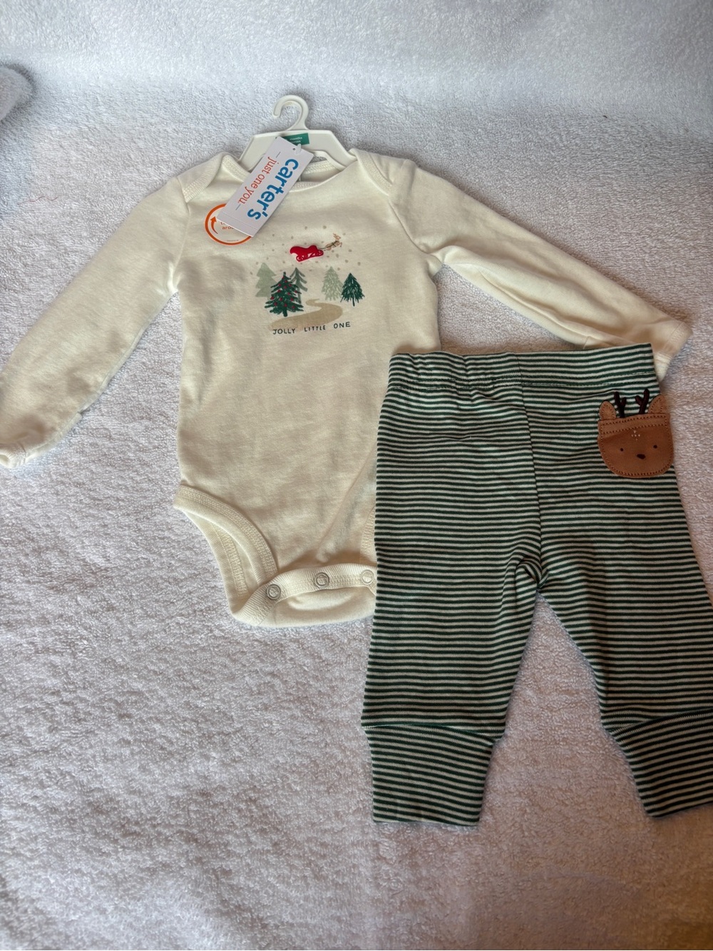 Carter's Cream Woodland Bodysuit w/ Green Striped Deer Pocket Pants. Unisex.3 Mo